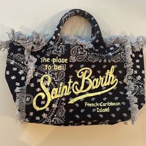 MC2 ..Black and white bandana allover print canvas handbag with yellow graphics